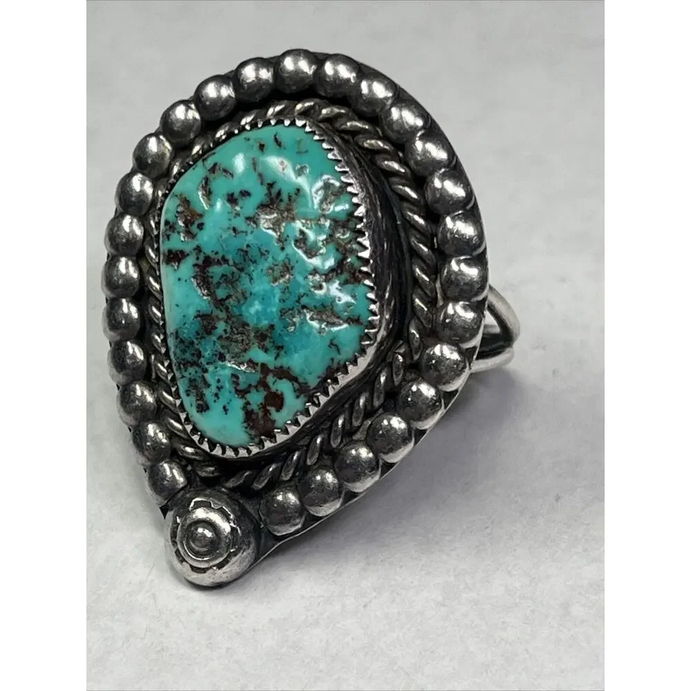 Sterling Ring 925 Turquoise Ring Size 8 Navajo Inspired Signed RL Vintage Chunky